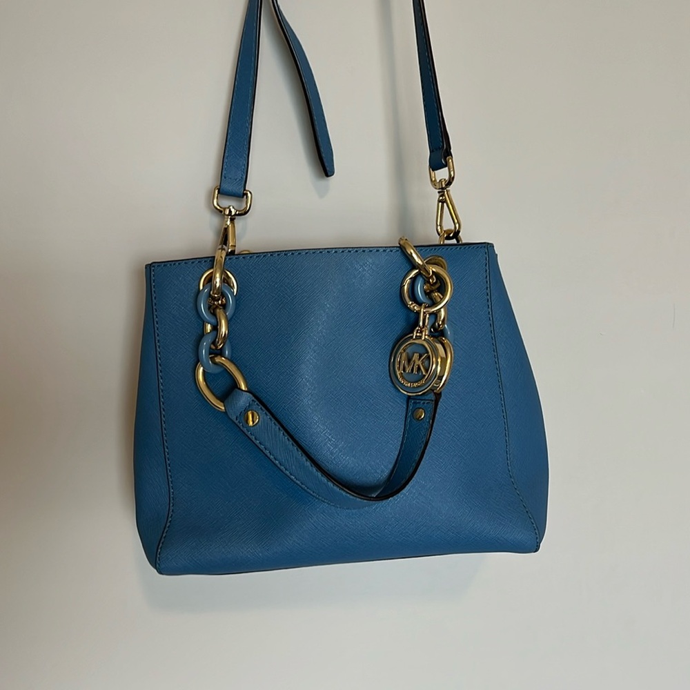Michael Kors Saffiano Leather Blue Crossbody Purse with gold hardware